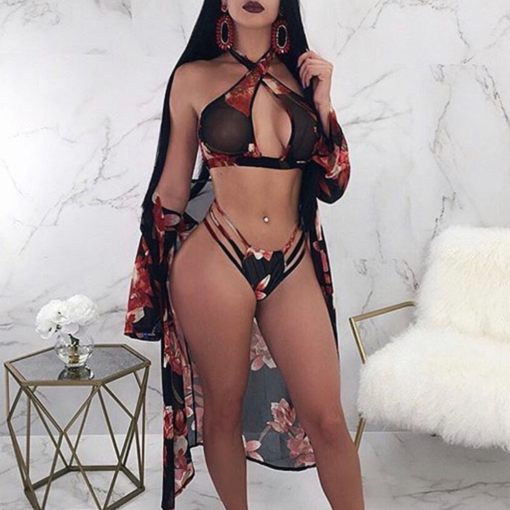 3PCS Print Halter Bikini Swimsuit Cover Ups